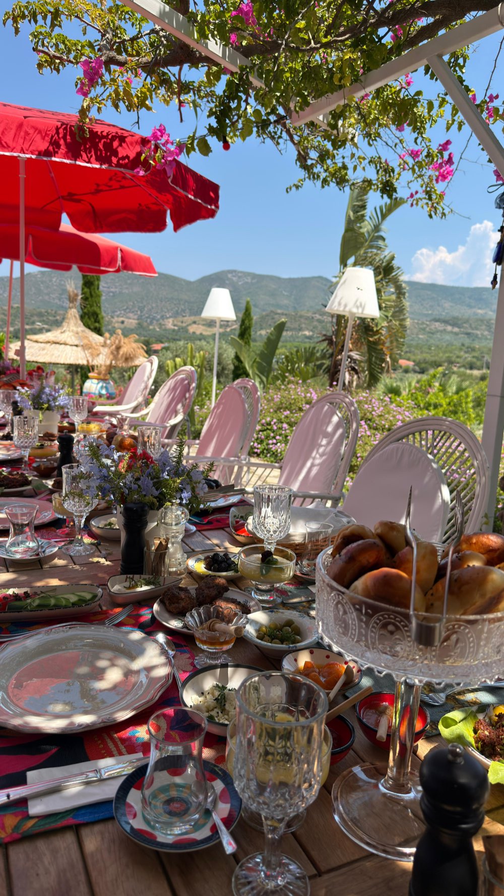 L'ultima colazione tra le buganville a Damyan Çiftliği, con vista sulle colline di Datça